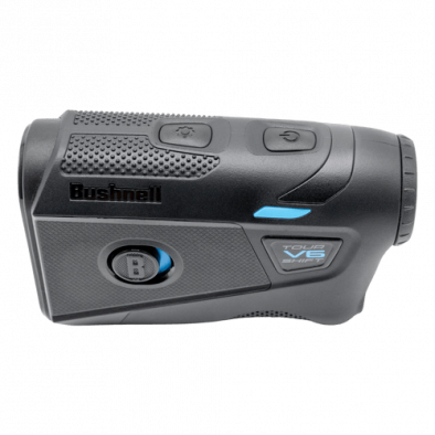 Bushnell v6 laser rangefinder with blue accents and textured grip.