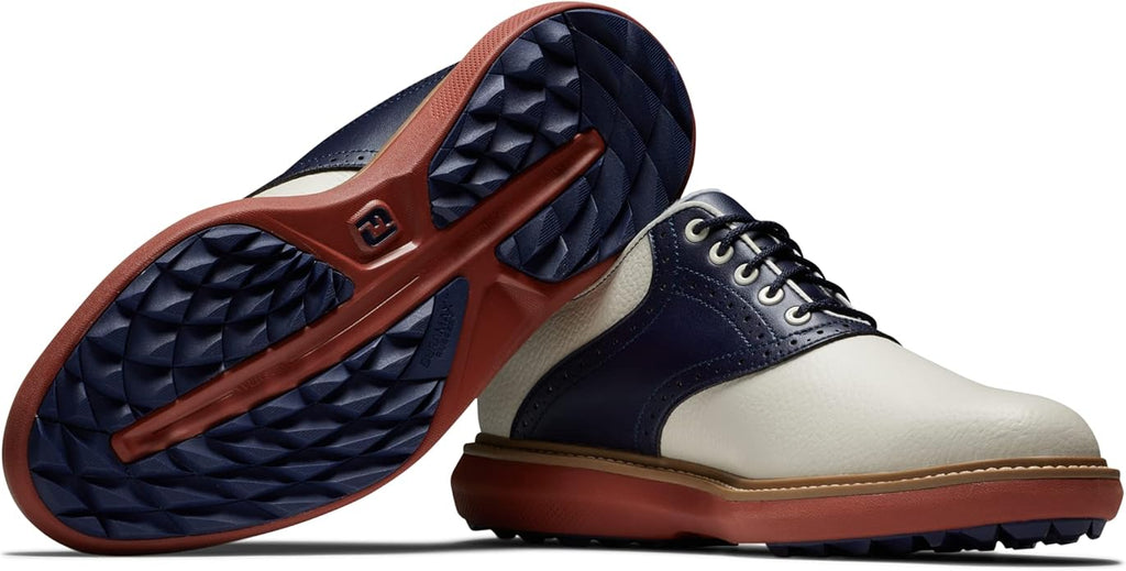 Footjoy Men's Golf Shoes | Traditions | Spikeless | White/Navy/Brick