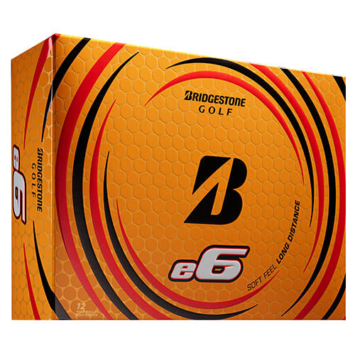 Bridgestone golf e6 golf balls in orange with black and red accents, featuring a honeycomb texture.