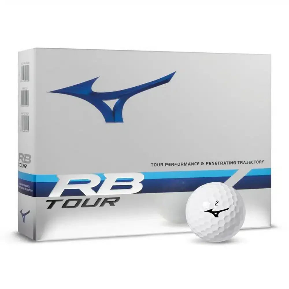 White mizuno rb tour golf ball with blue and silver logo design on box.
